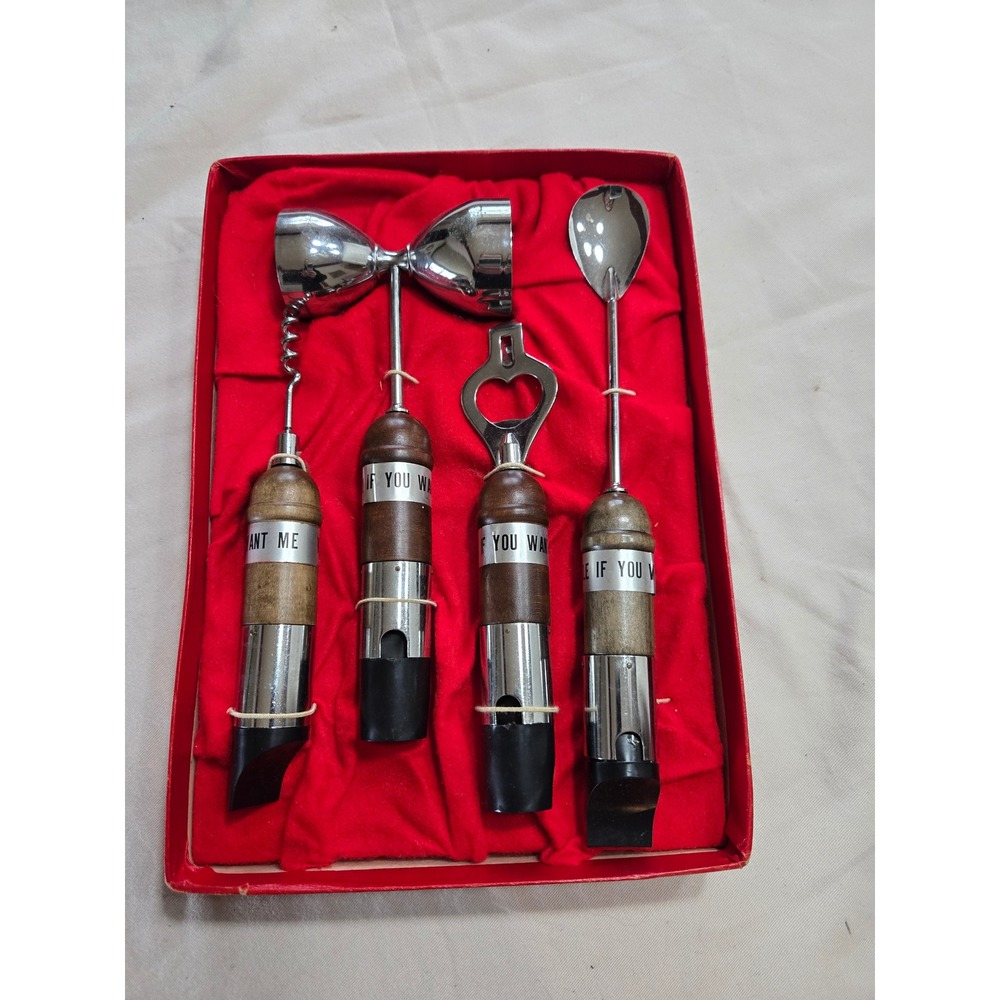 Vintage Mid Century Whistle If You Want Me Bar Tool Set Jigger Opener Corkscrew